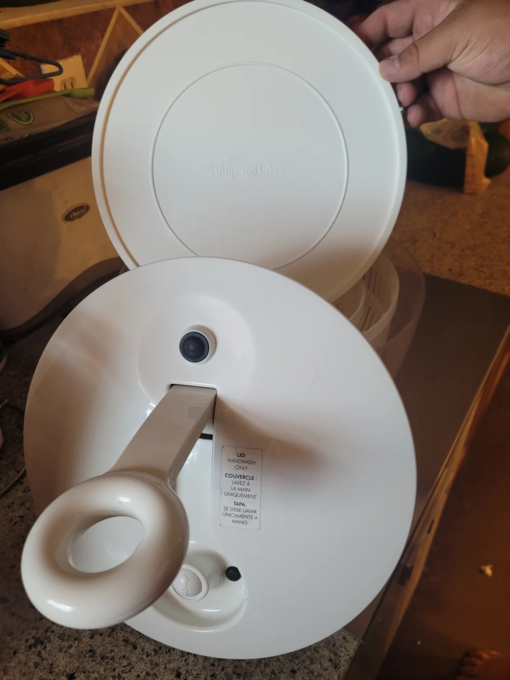 Pampered Chef Clear Plastic Salad Spinner with Inner Strainer - White/Clear